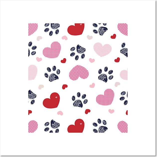 Plaid pink red hearts and doodle paw print Wall Art by GULSENGUNEL